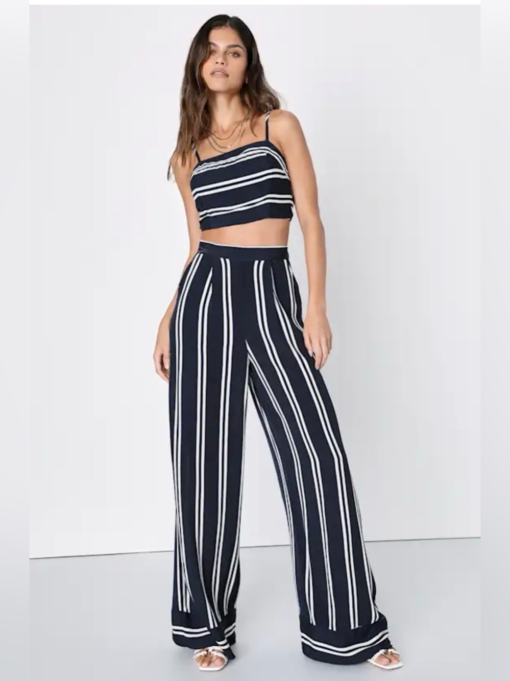 Lulus "Coastal Living" navy blue and white striped two-piece set